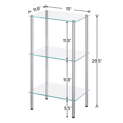 Glass shelf unit with dimensions labeled on a white background