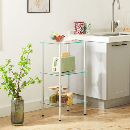 Glass kitchen cart with shelves next to a sink in a kitchen setting.