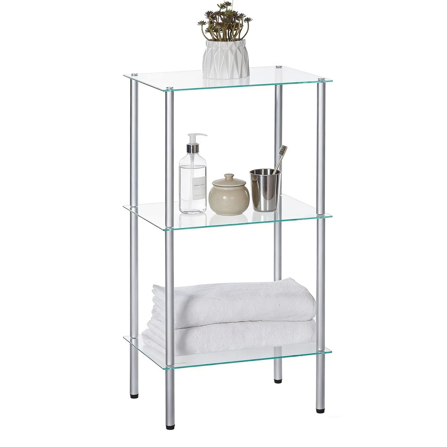Glass shelf unit with towels, bottles, and a plant on a white background