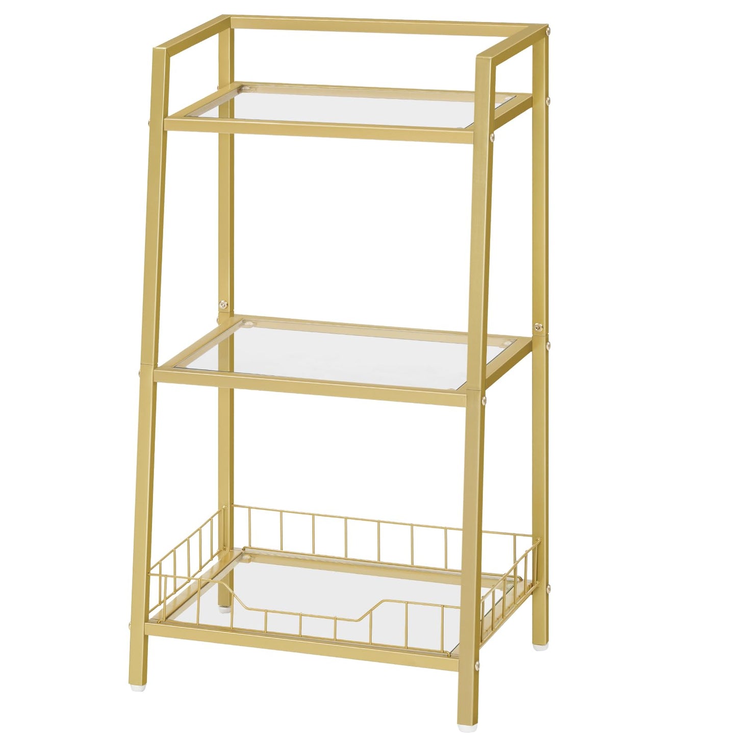 Gold metal shelf with glass shelves on a white background