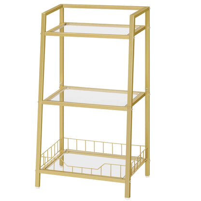 Gold metal shelf with glass shelves on a white background