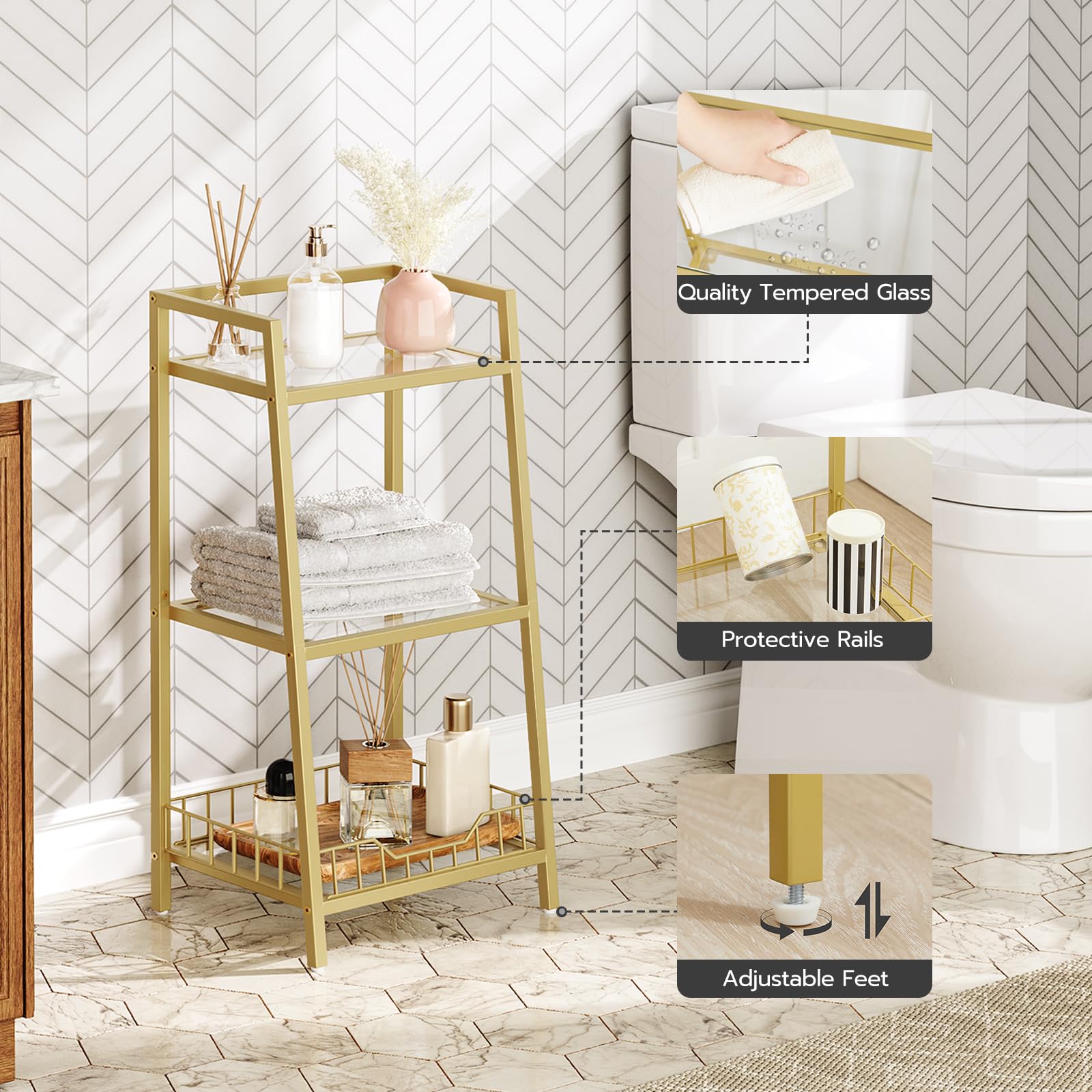 Gold metal shelf in a bathroom setting with decorative items and text highlighting features.