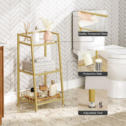 Gold metal shelf in a bathroom setting with decorative items and text highlighting features.