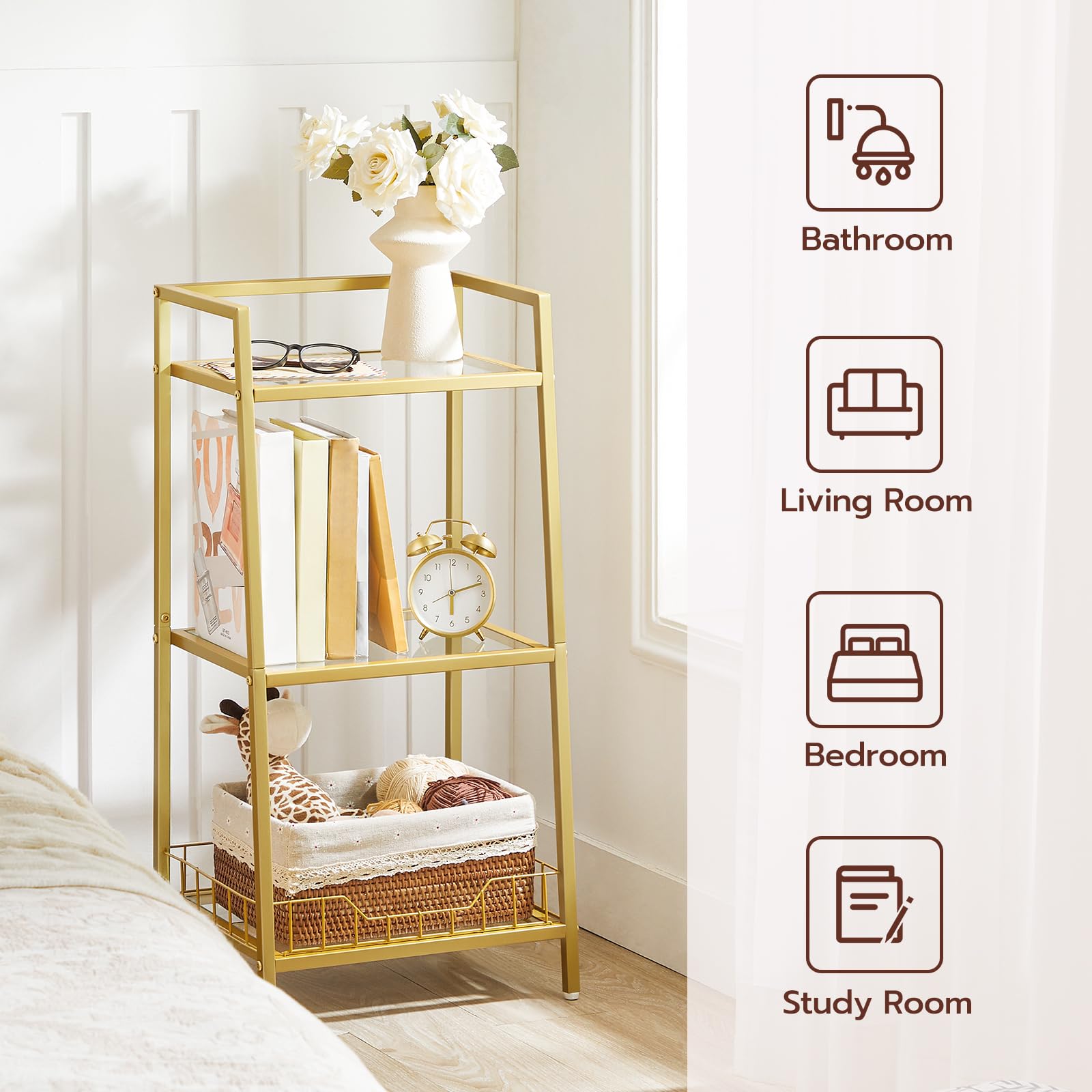 Gold metal shelf with decorative items in a bedroom setting, with icons indicating its versatility in different rooms.