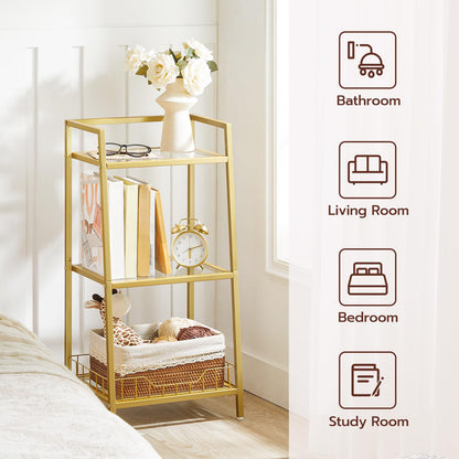 Gold metal shelf with decorative items in a bedroom setting, with icons indicating its versatility in different rooms.