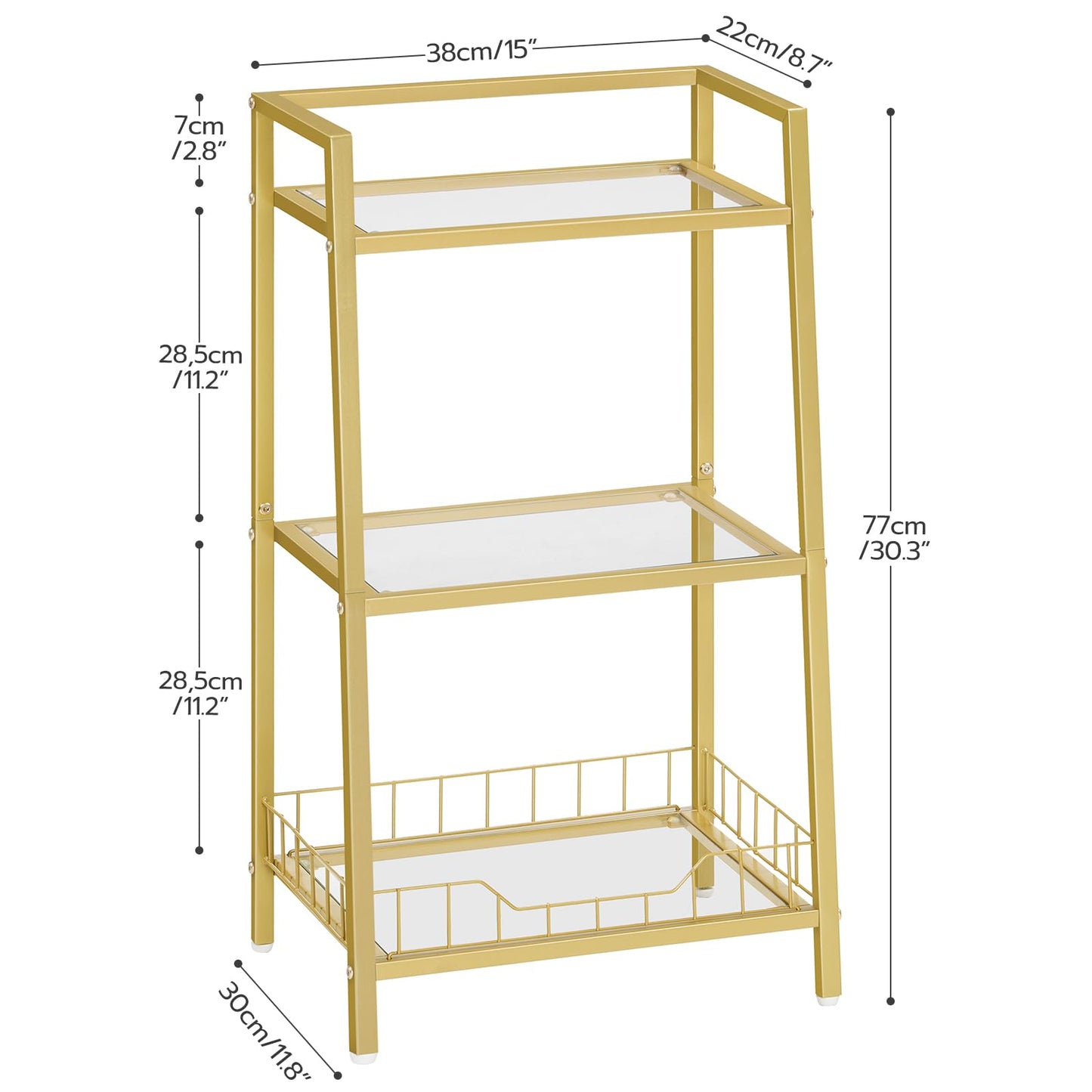Gold metal shelf with dimensions labeled on a white background