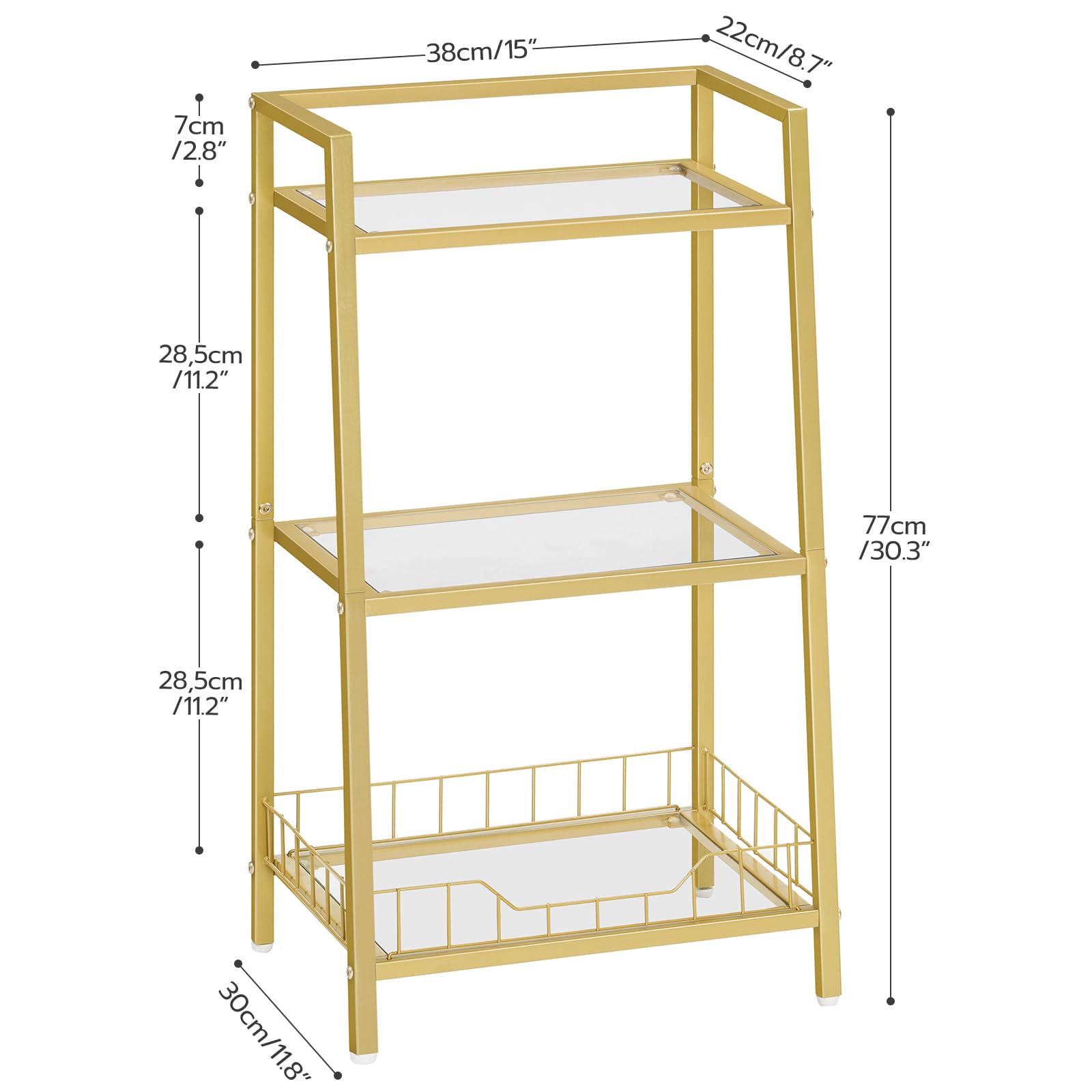 Gold metal shelf with dimensions labeled on a white background