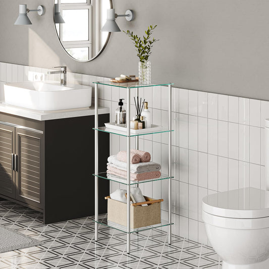 Bathroom with glass shelving unit, sink, and toilet.