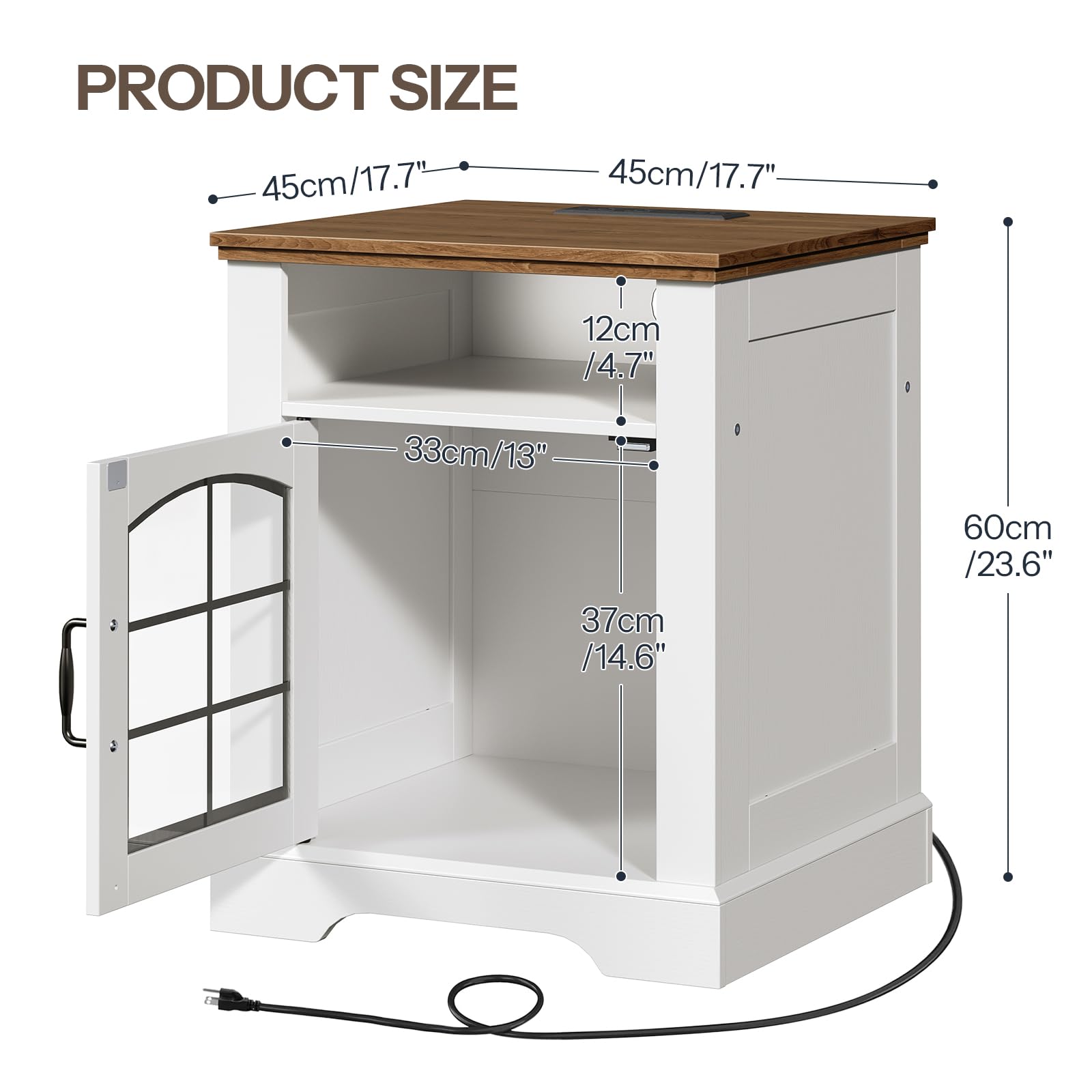 White kitchen island with wooden top and dimensions displayed