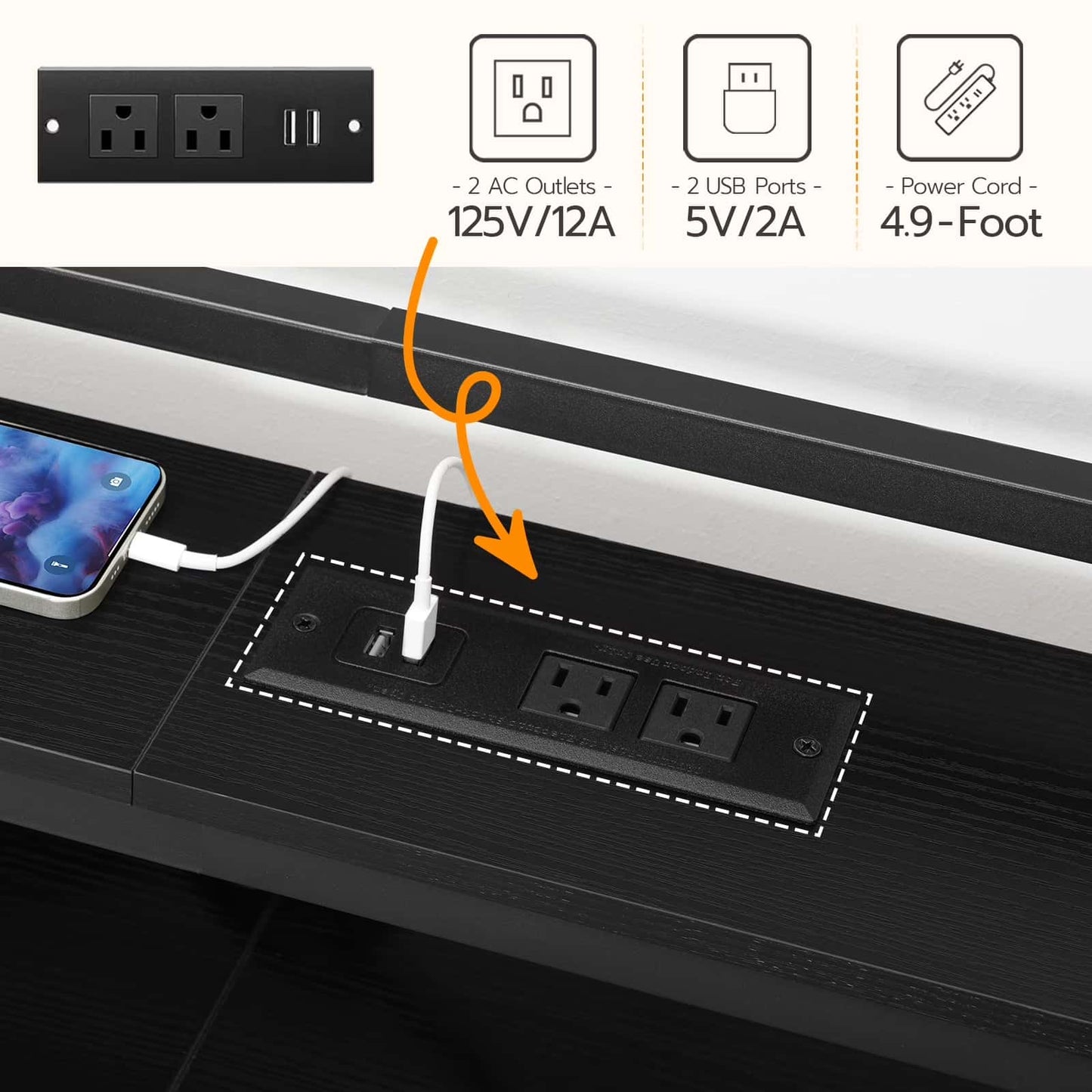 Desk power strip with USB ports and AC outlets, showing cable connection.