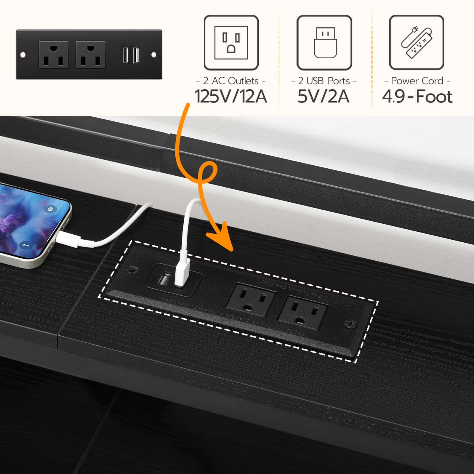 Desk power strip with USB ports and AC outlets, showing cable connection.