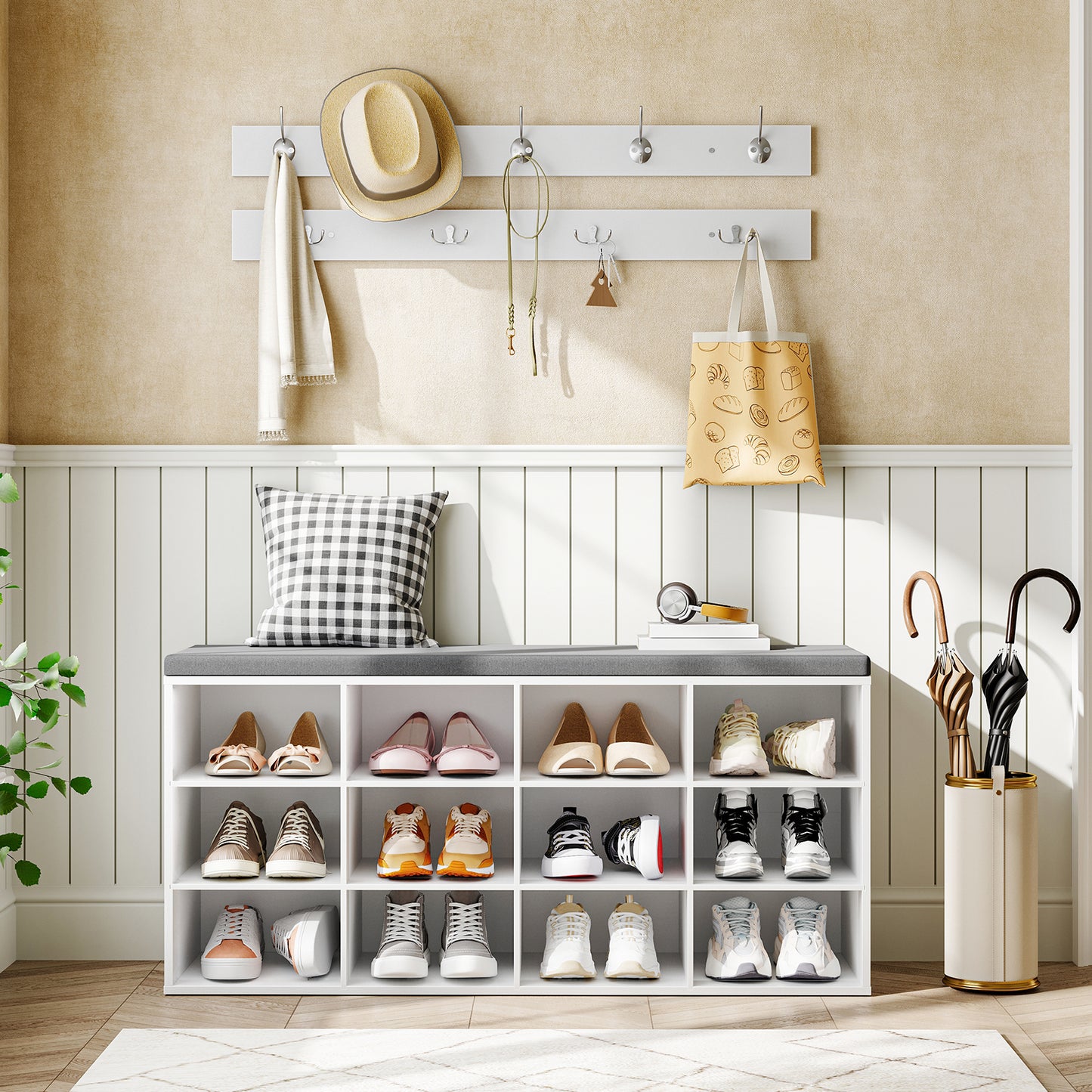 HOOBRO 39.4-inch Shoe Storage Bench with Cushion & 12 Cubbies