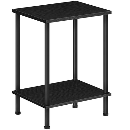 Black metal side table with two shelves on a white background