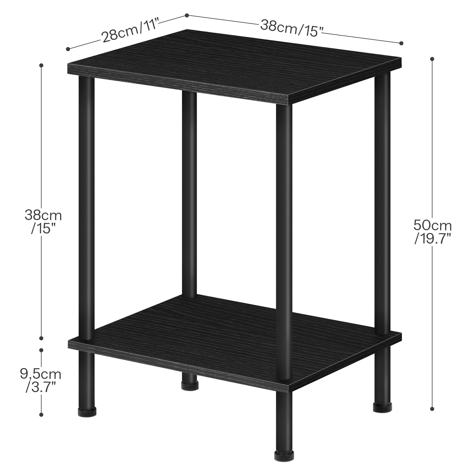 Black metal side table with dimensions labeled on a white background