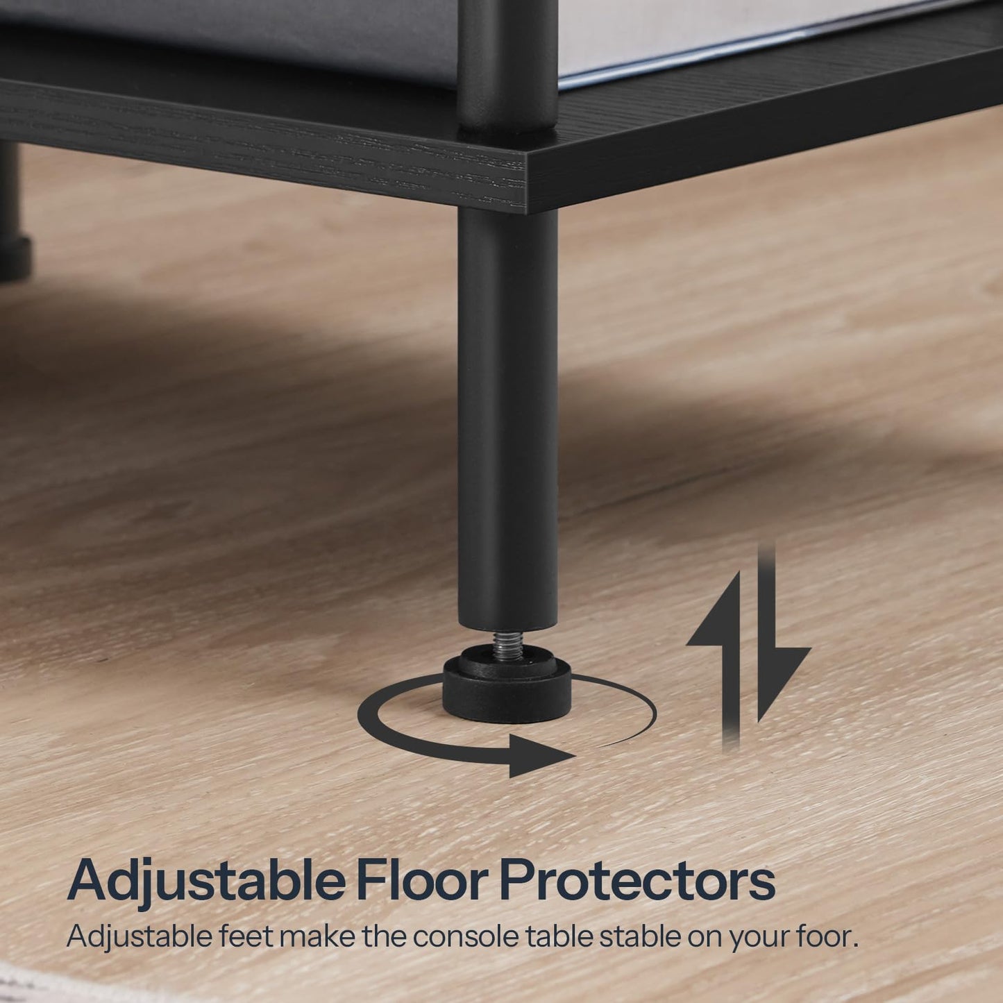 Adjustable floor protector on a console table leg with text indicating stability on a wooden floor.