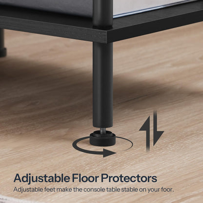 Adjustable floor protector on a console table leg with text indicating stability on a wooden floor.