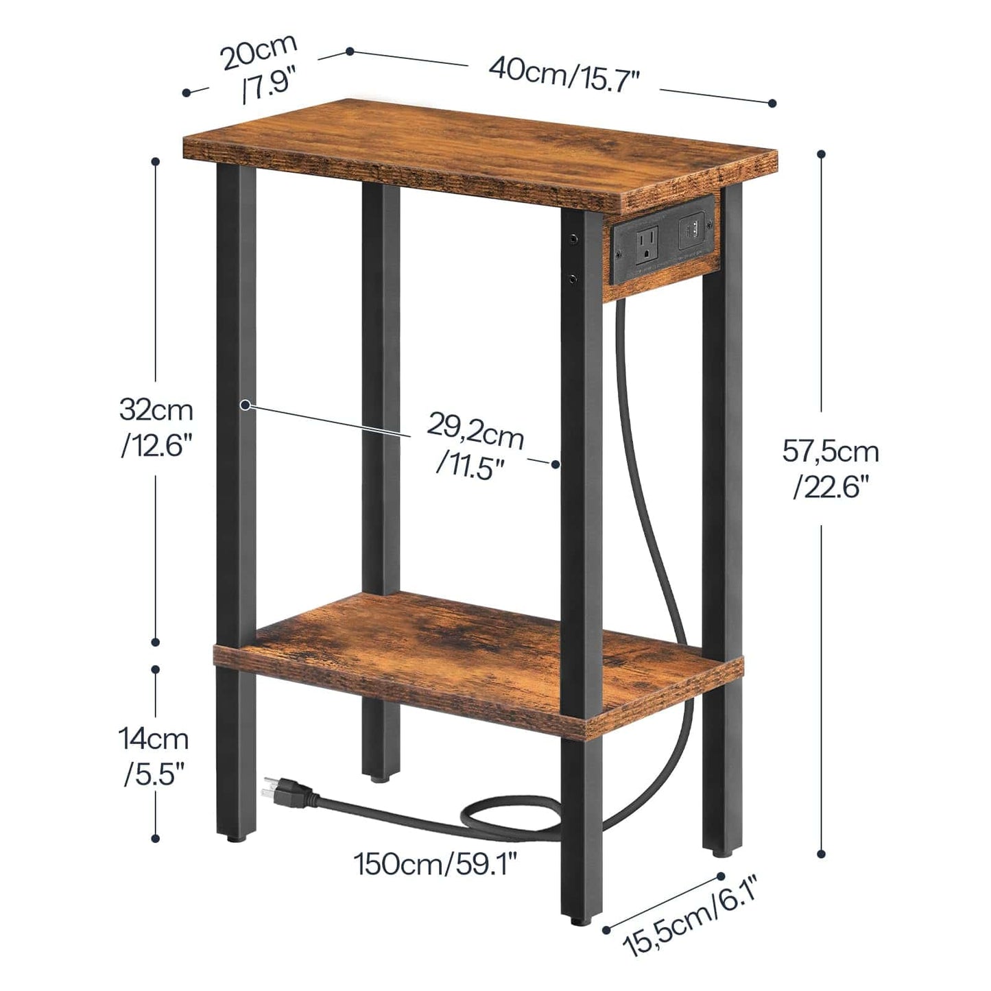 Small wooden table with dimensions labeled on a white background