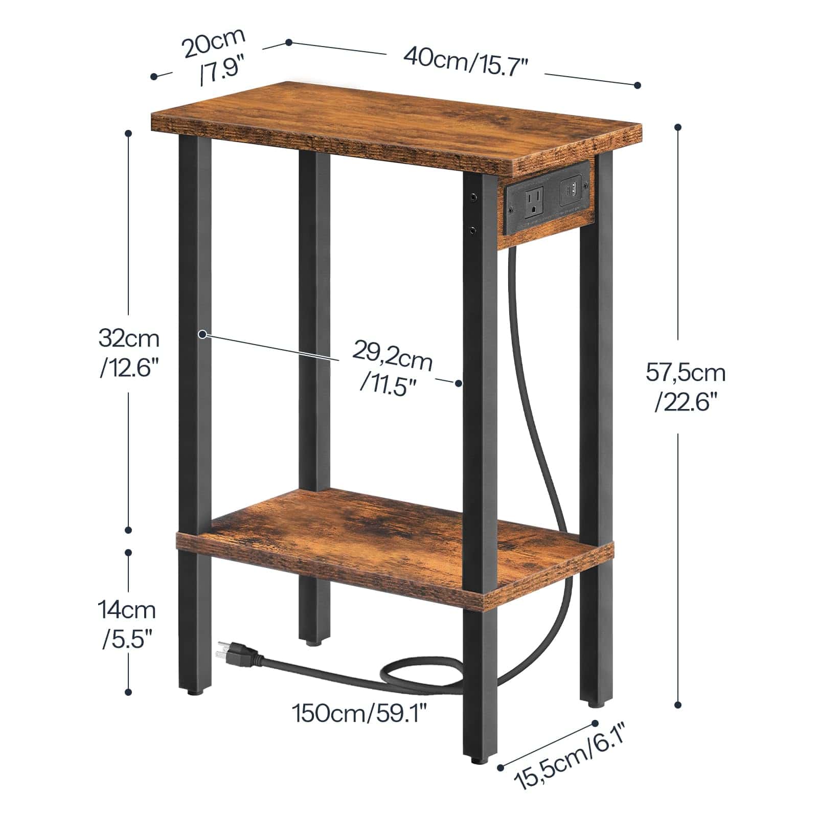 Small wooden table with dimensions labeled on a white background