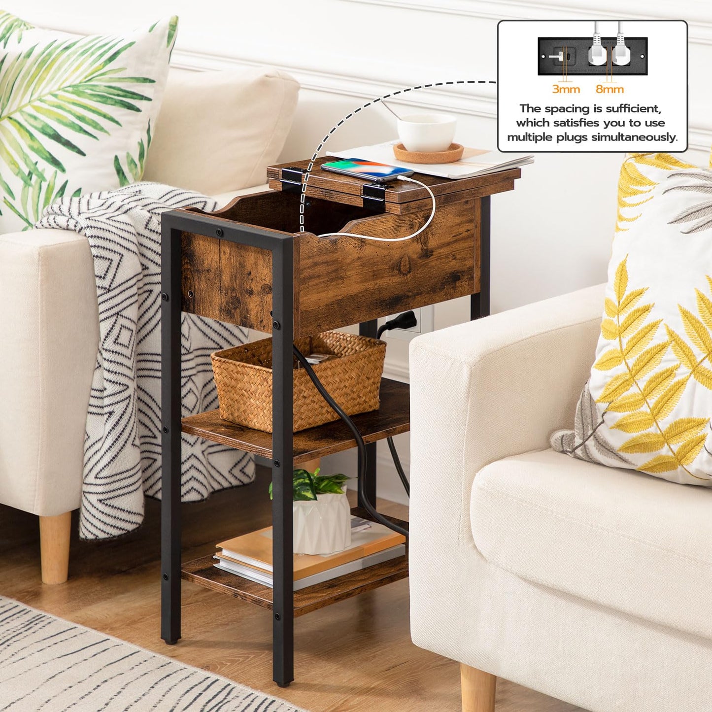 HOOBRO Flip-Top Narrow End Table with Charging Station