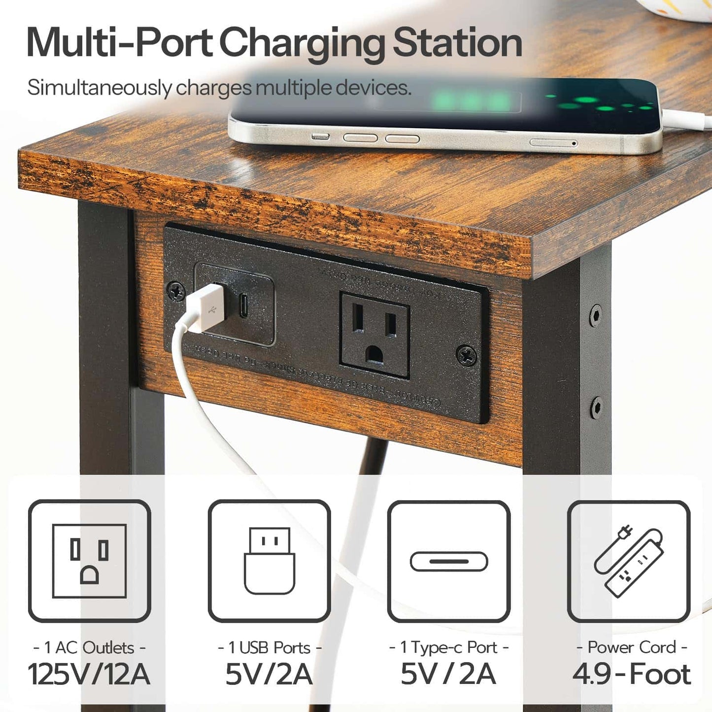Multi-port charging station on a wooden table with power outlets and USB ports.