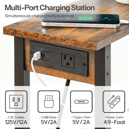 Multi-port charging station on a wooden table with power outlets and USB ports.