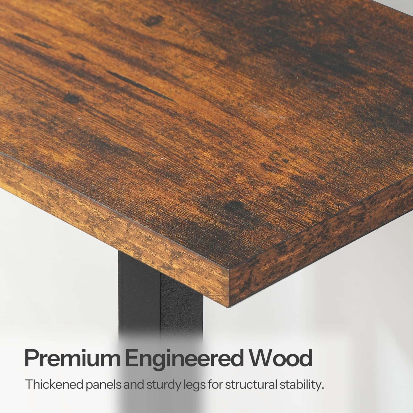 Wooden table with text highlighting premium engineered wood quality