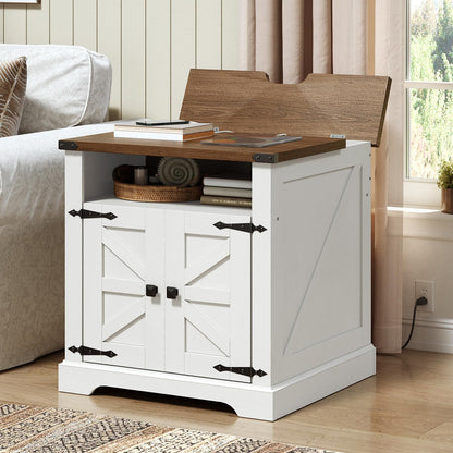 White storage bench with wooden top in a living room setting