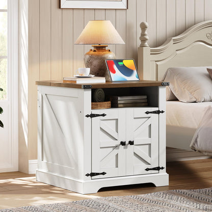White nightstand with wooden top in a bedroom setting