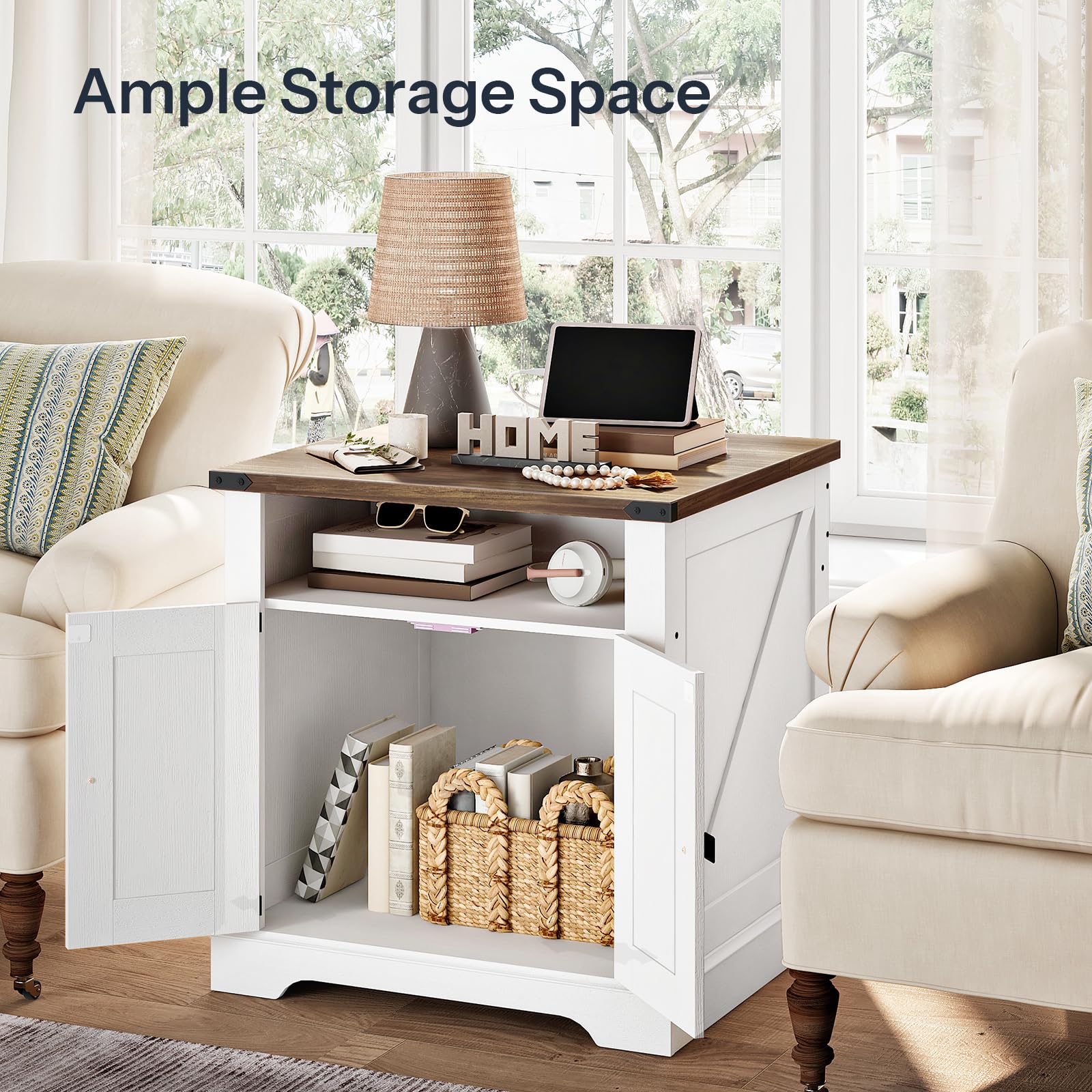 White storage cabinet with wooden top in a living room setting, featuring books, baskets, and decor items.