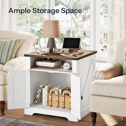 White storage cabinet with wooden top in a living room setting, featuring books, baskets, and decor items.