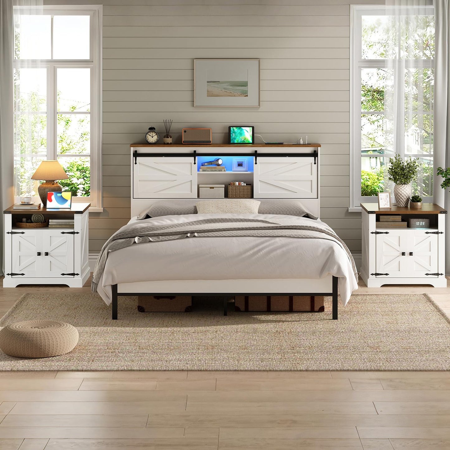 Modern bedroom with a bed, nightstands, and decor in a well-lit room.