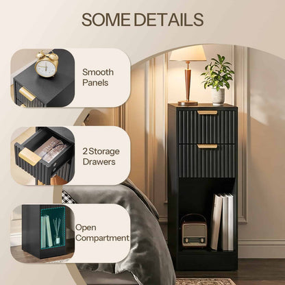 HOOBRO Slim Narrow 2-Drawer Black Fluted Nightstand