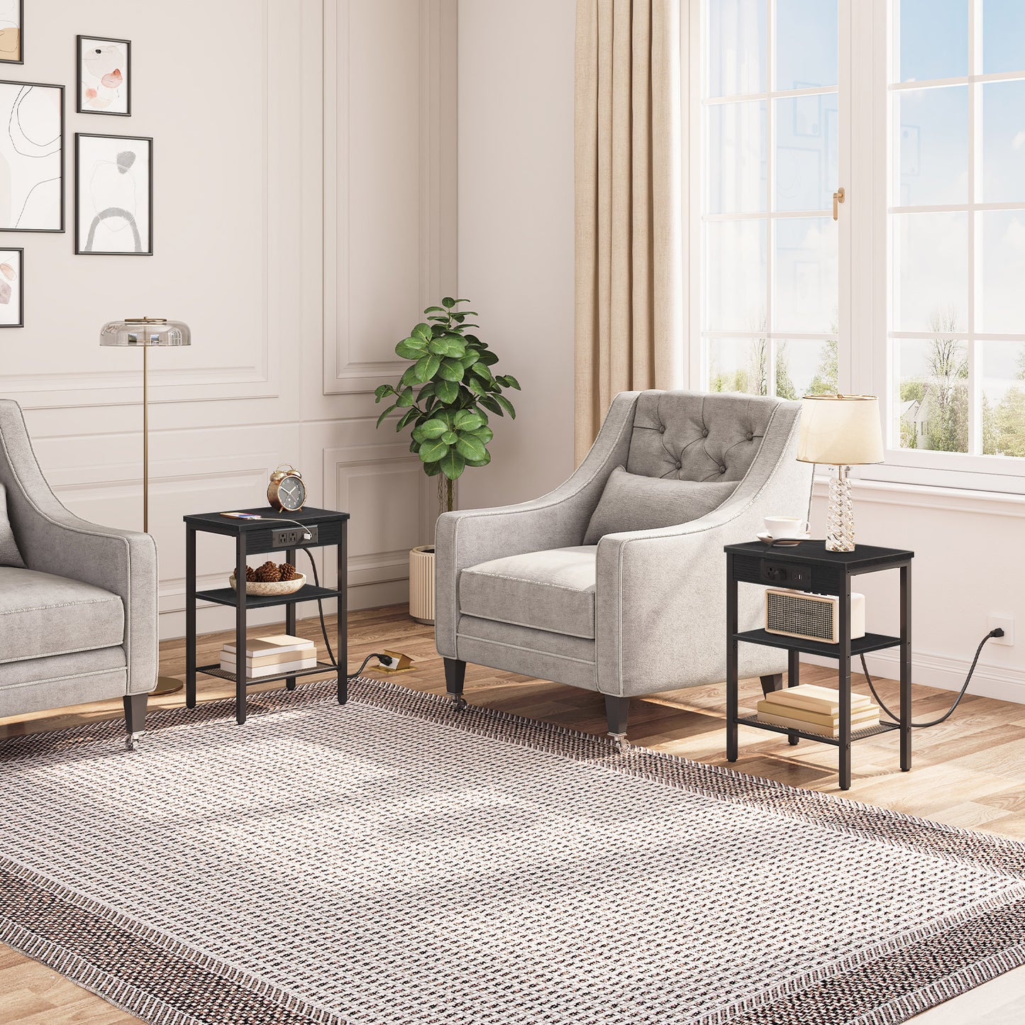 HOOBRO 3-Tier Side Table with Charging Station & USB Port