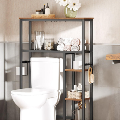 HOOBRO Retro Brown 5-Tier Toilet Above Shelf with Toilet Paper Holder & Hooks