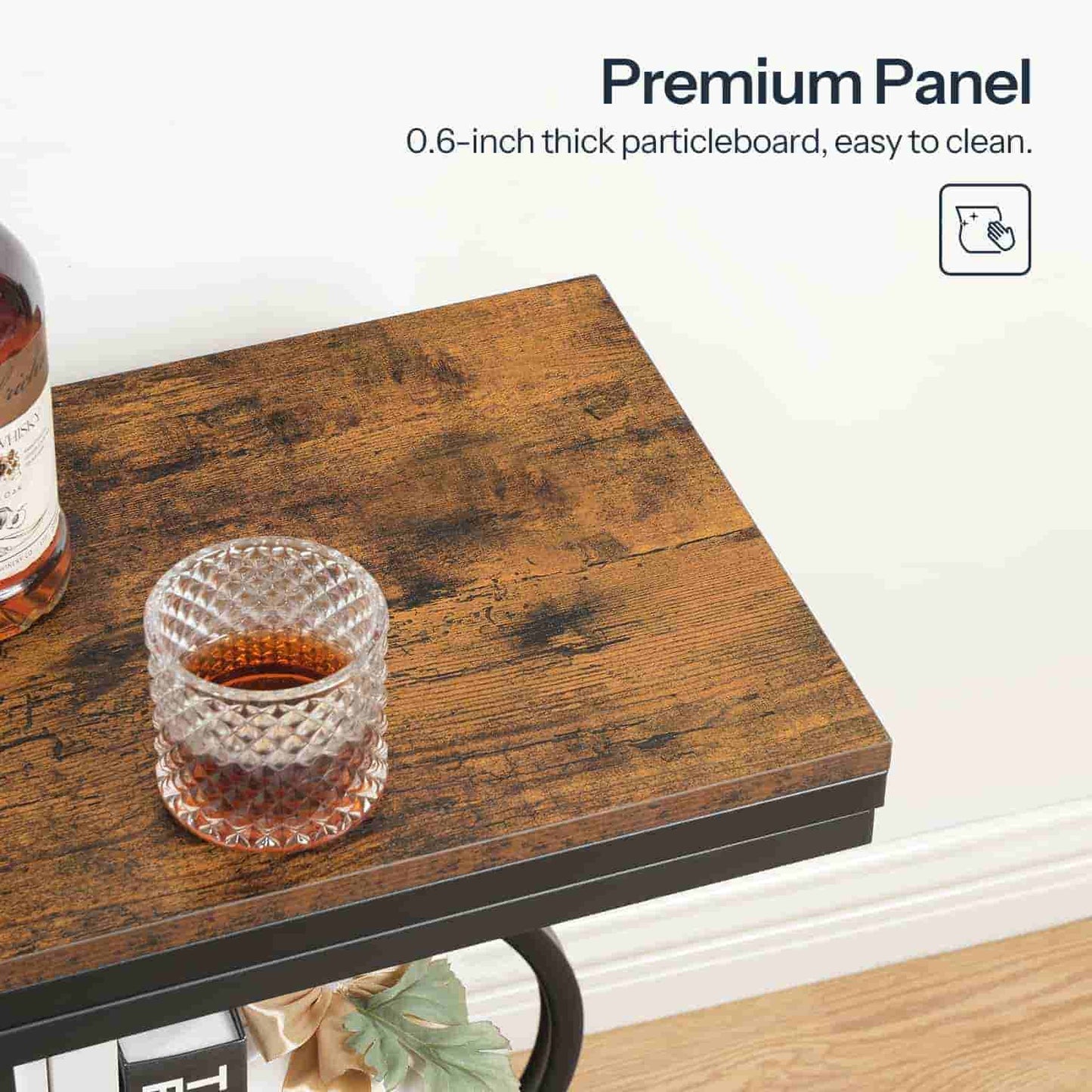 Wooden table with a glass of whiskey and a bottle, featuring 'Premium Panel' text.