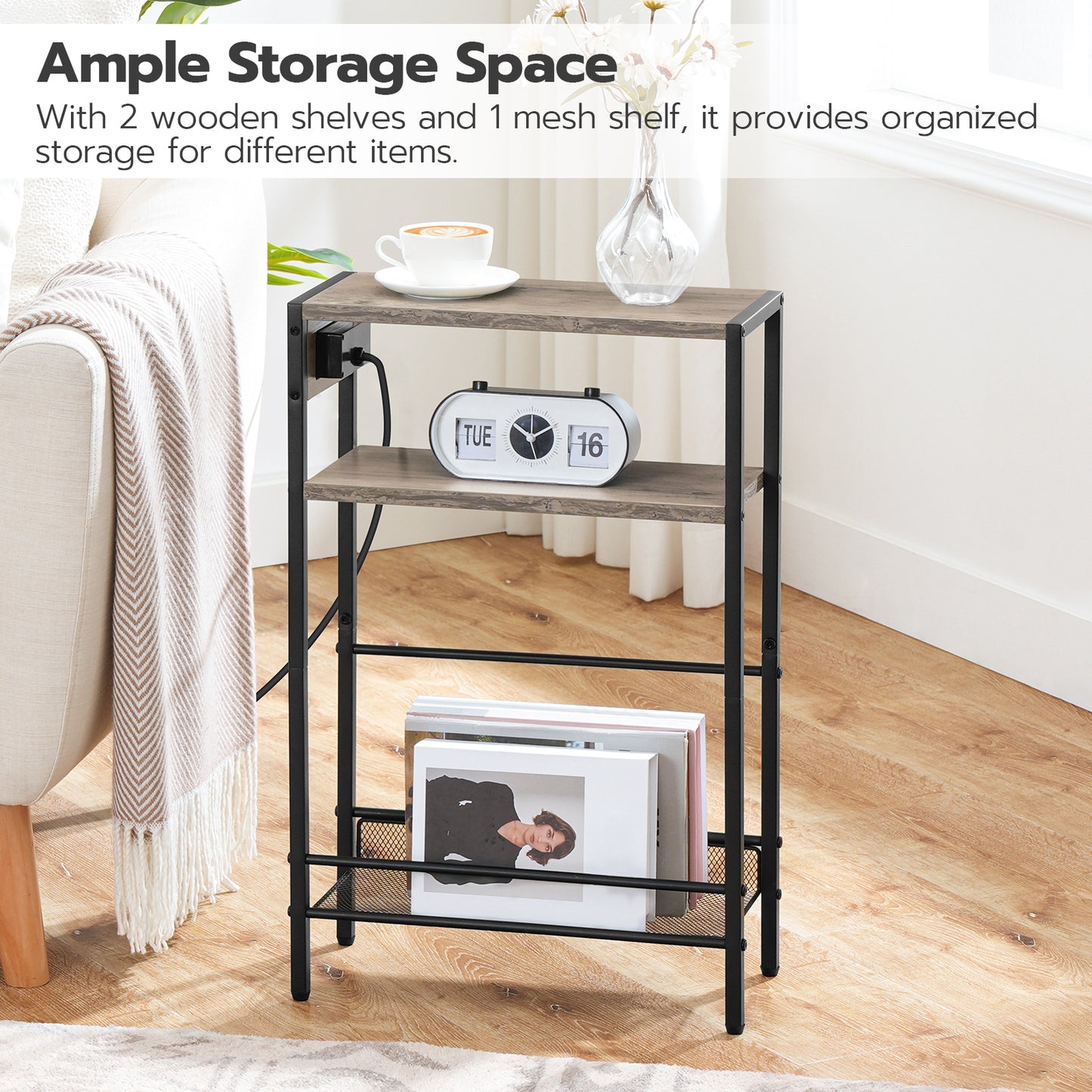 HOOBRO Small Narrow Side Table with Charging Station