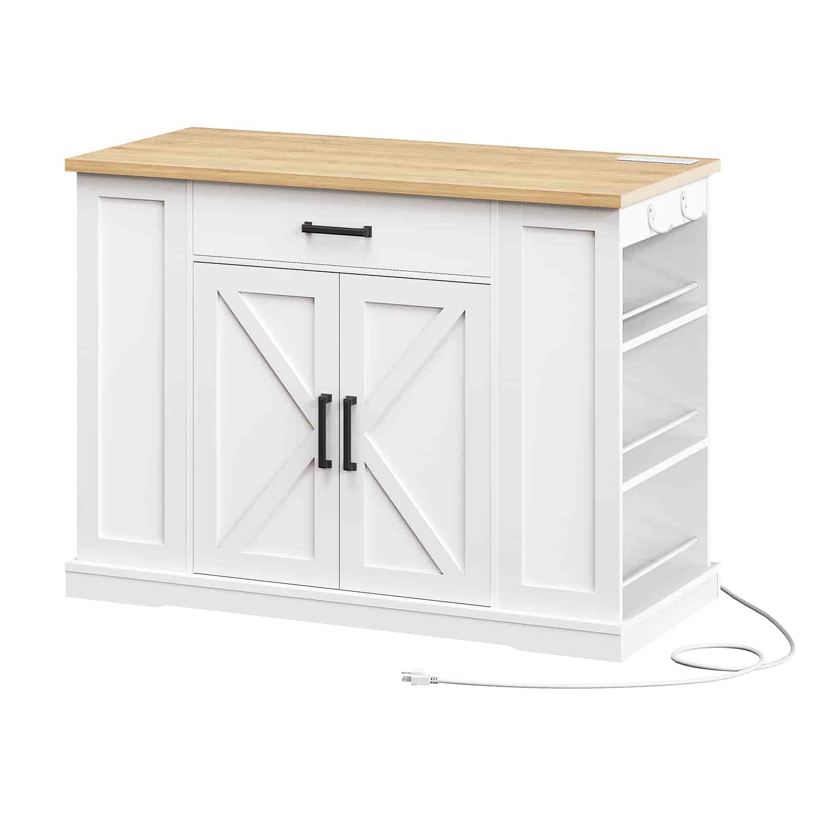 White kitchen island with wooden countertop on a white background