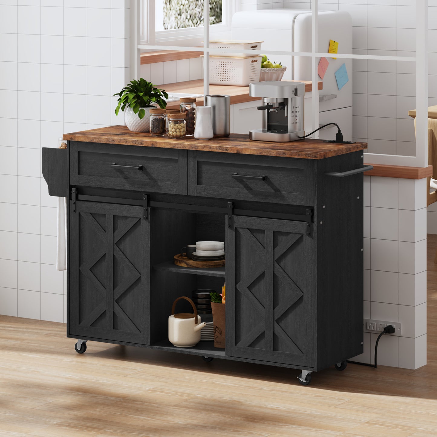 HOOBRO Open-Pack Movable Barn Door Kitchen Island with Power Outlet