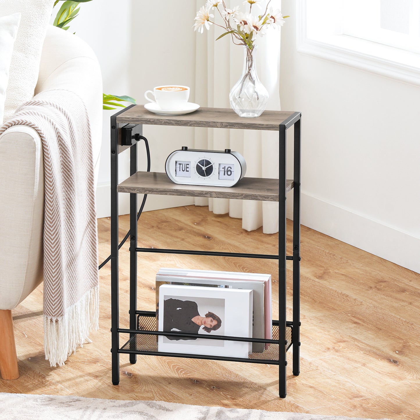 HOOBRO Small Narrow Side Table with Charging Station