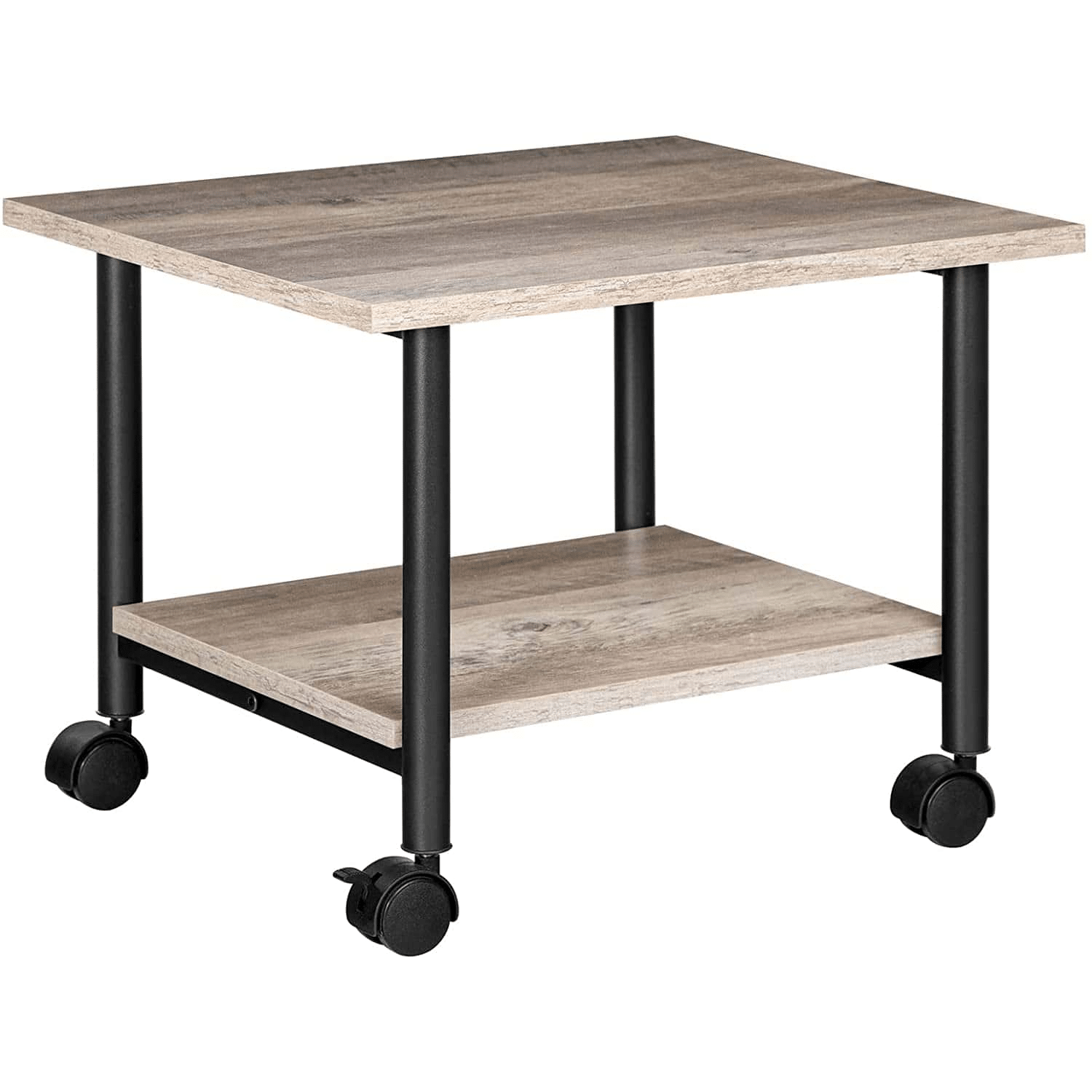 Two-tiered table with wooden top and metal legs on a white background