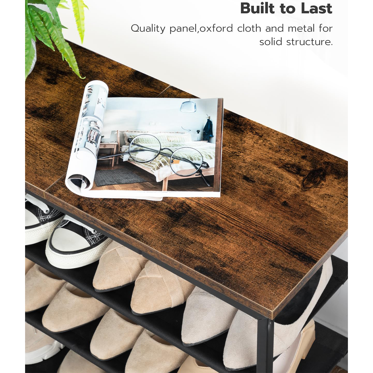 HOOBRO 4-Tier Industrial Style Shoe Rack with 3 Oxford Fabric Shelves