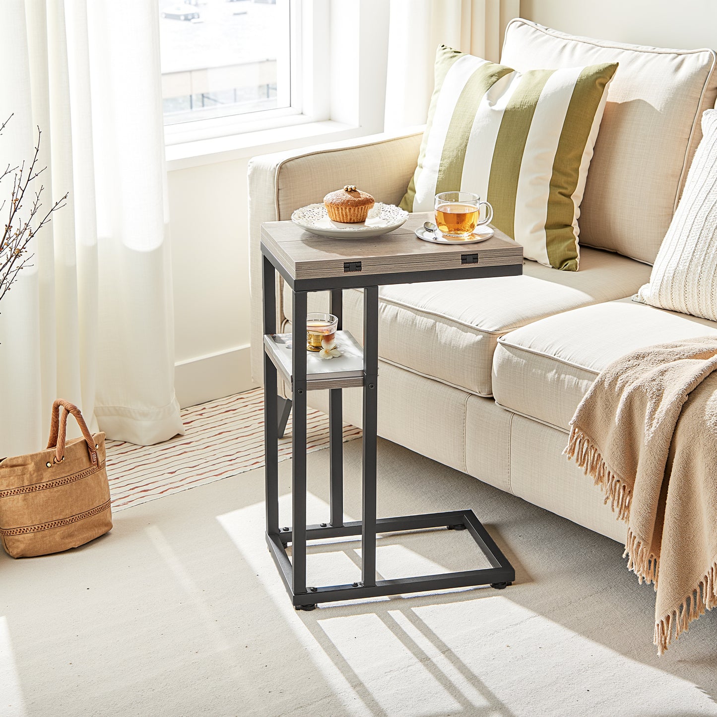 HOOBRO C-Type Folding Side Table with Storage Rack