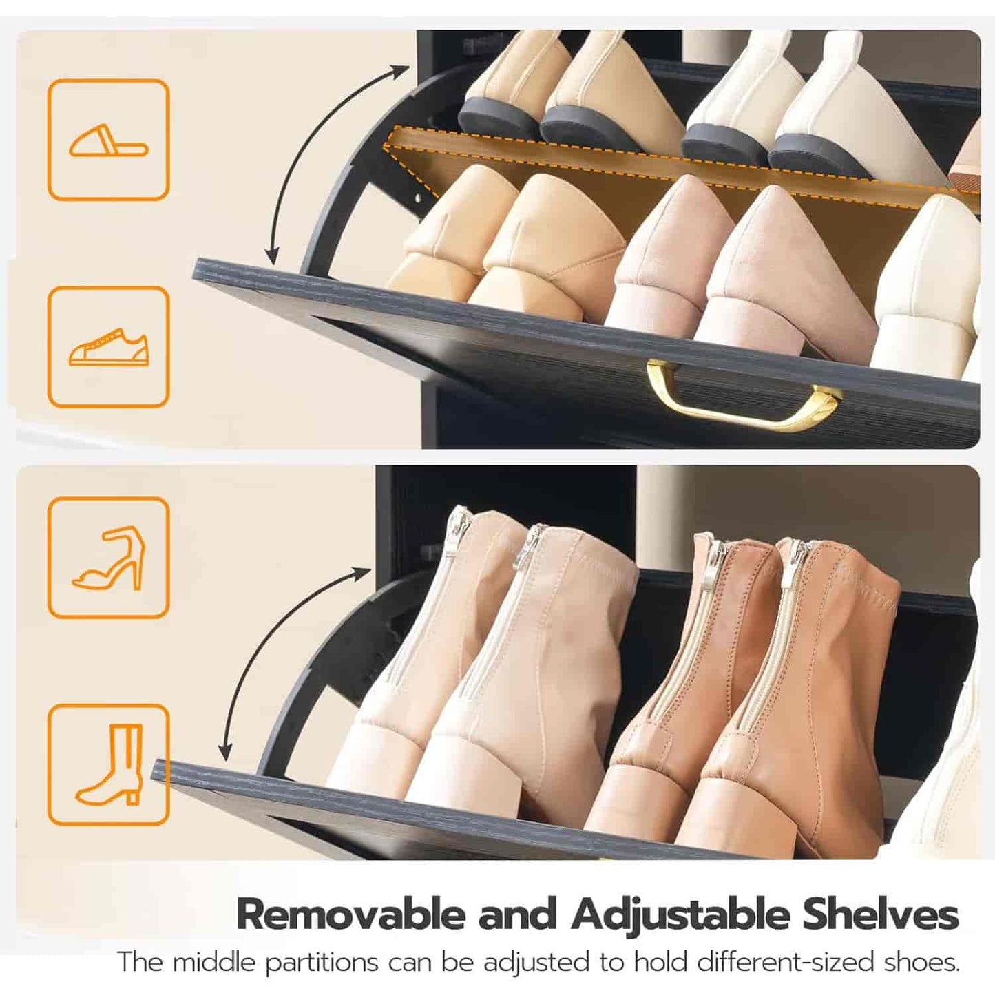 Shoe rack with removable and adjustable shelves holding various shoes.