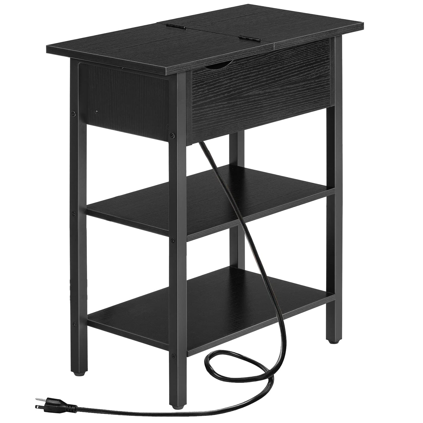 Black desk with a power cord on a white background