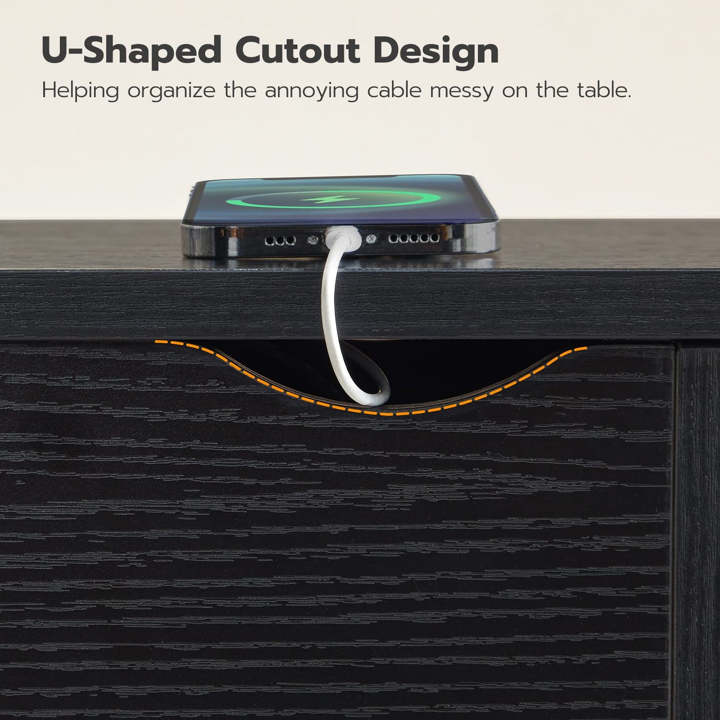 U-shaped cutout design on a desk with a phone and cable, labeled for cable management.