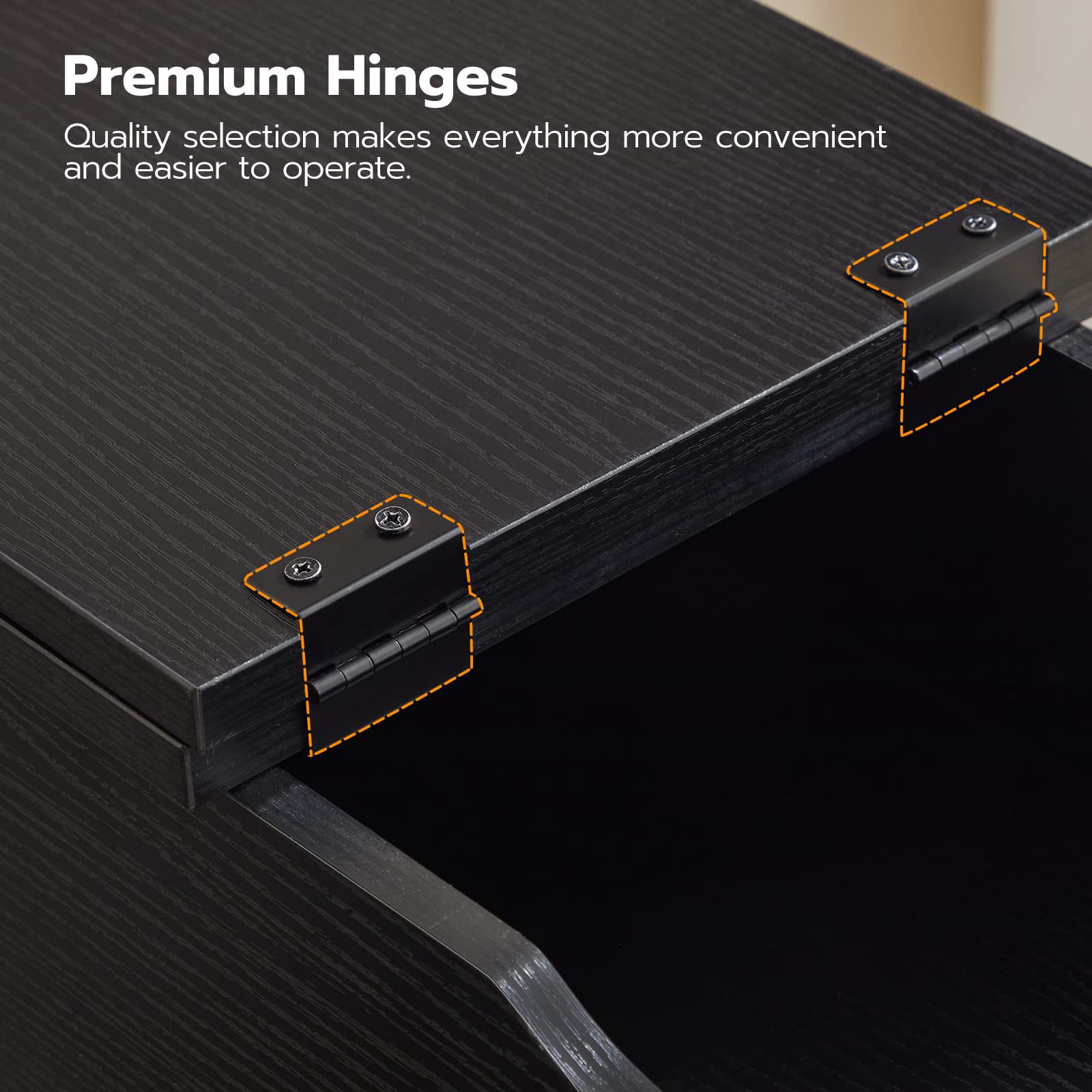 Close-up of premium hinges on a dark surface with text highlighting their quality.