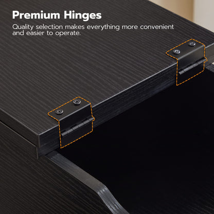 Close-up of premium hinges on a dark surface with text highlighting their quality.