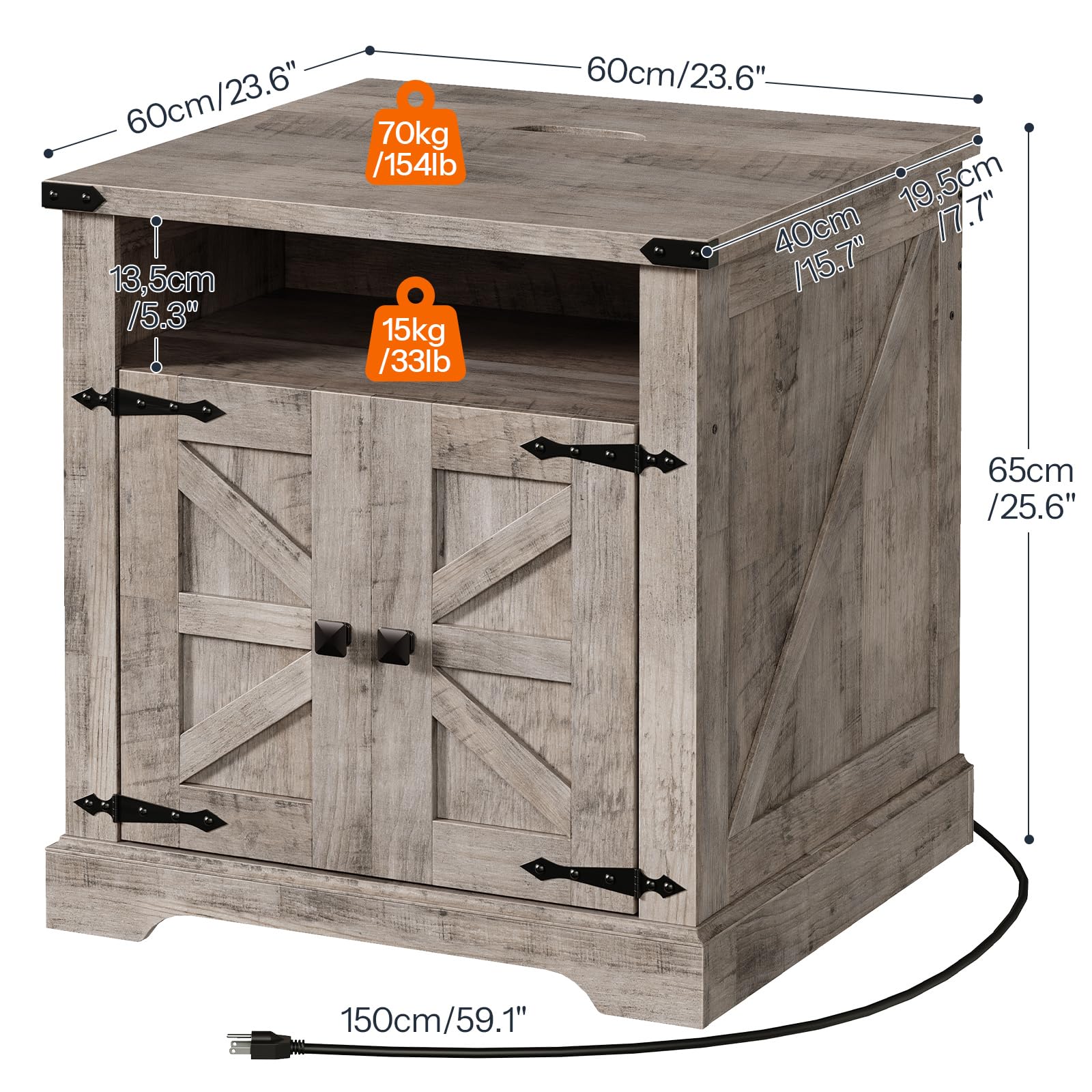 Wooden side table with dimensions and weight indicators on a white background