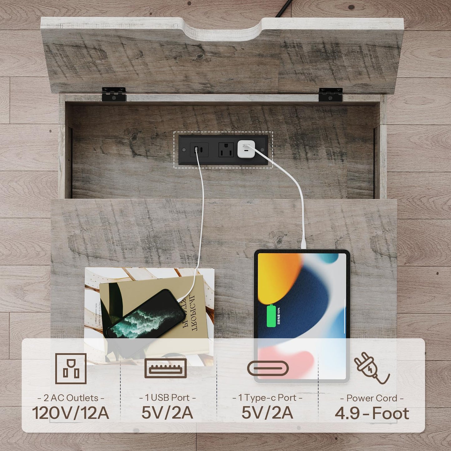 Wooden panel with built-in electrical outlets and ports on a wooden floor.