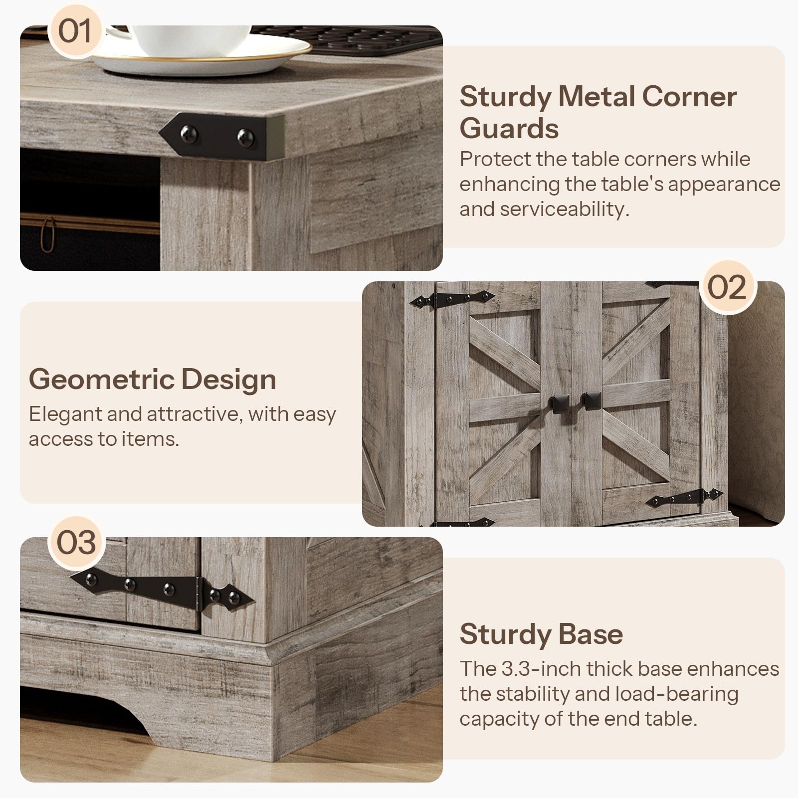 Wooden end table with metal corner guards, geometric design, and thick base on a beige background.
